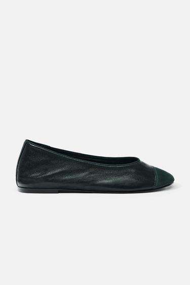 LEATHER BALLET FLATS - Dark Green by Zara