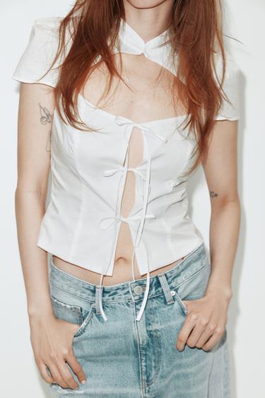 CHEMISE EN POPELINE AVEC OUVERTURE ET NŒUDS - Blanc de Zara - Image 2
