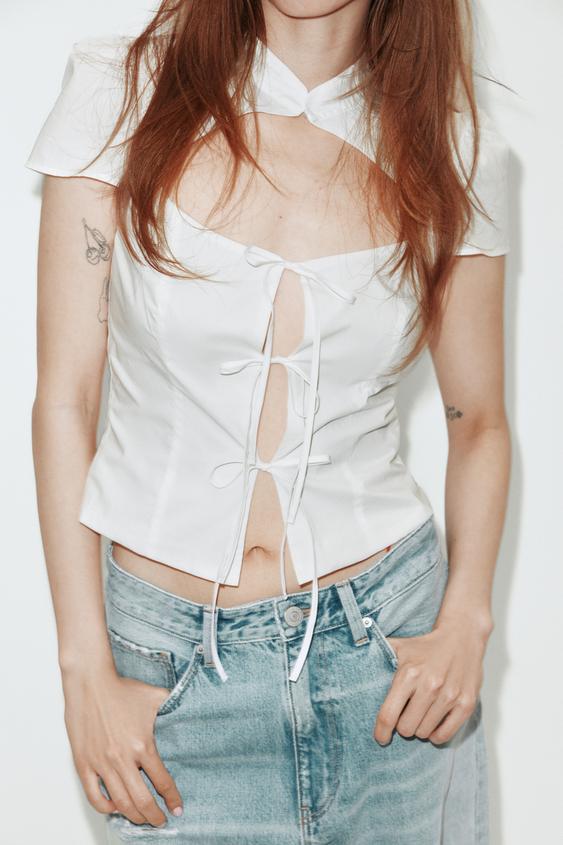 CAMISA POPELÍN ABERTURA LAZADAS - Blanco de Zara - Imagen 0