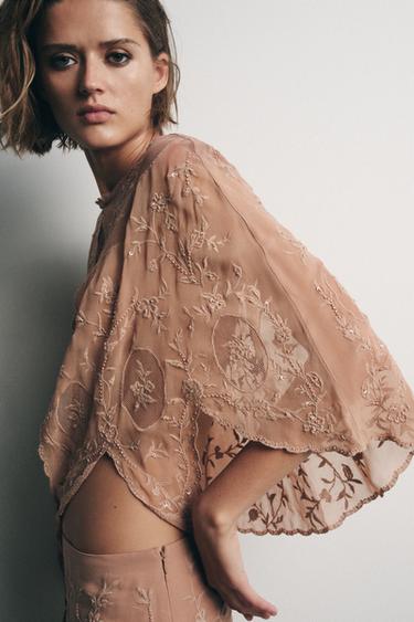 TOP CAPE GEORGETTE BRODÉE LIMITED EDITION - Rose de Zara