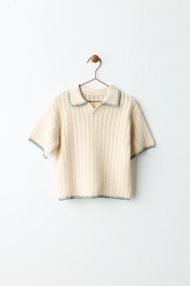 CONTRAST STITCH KNIT POLO SHIRT - Ecru / Green by Zara