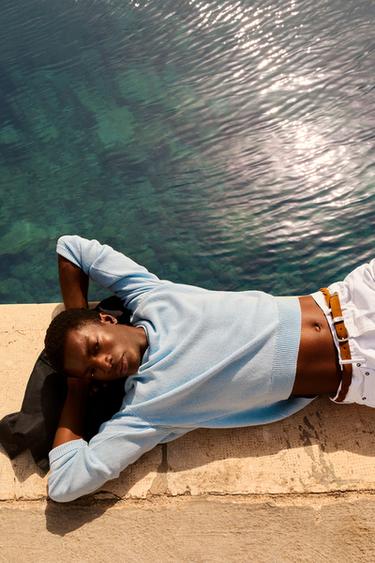 COTTON-LINEN V-NECK JUMPER - Light blue by Zara