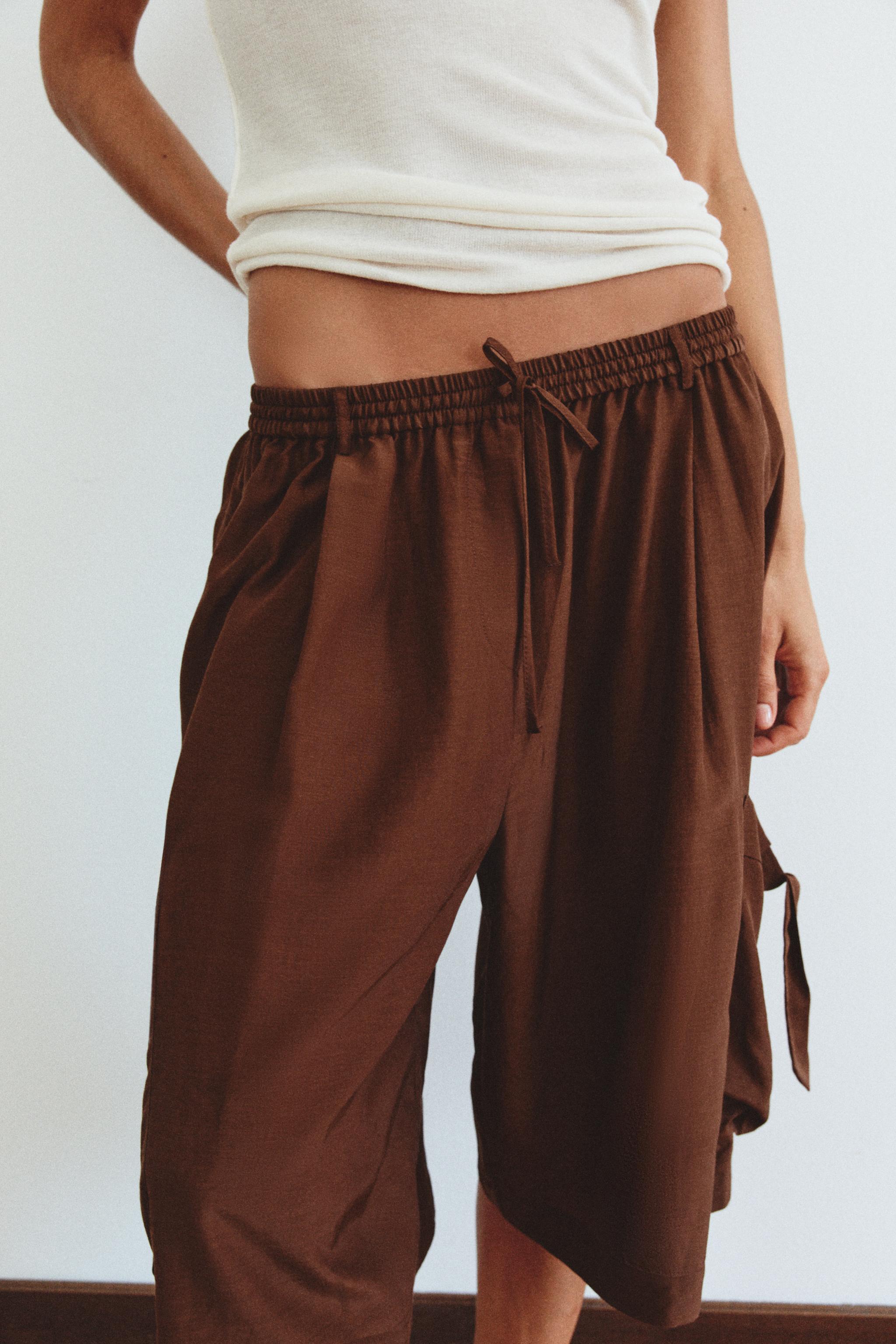 POCKET VISCOSE-BLEND BERMUDA SHORTS — Dark brown