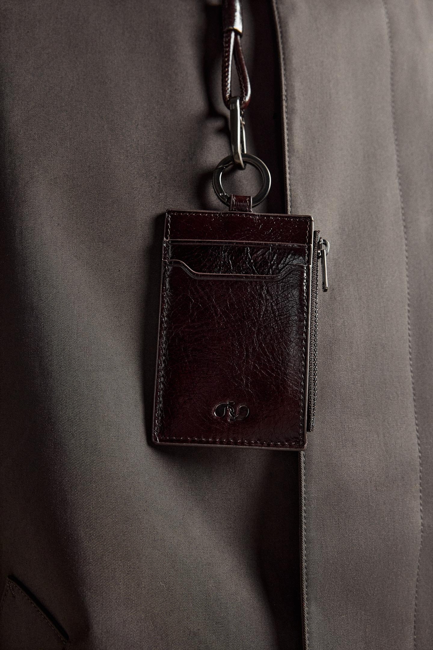 Мужской кошелёк Zara Leather Lanyard Card Holder, цвет: Коричневый — фото 1
