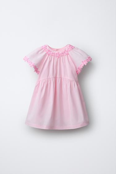 Zara EMBROIDERED FLORAL POPLIN DRESS - Pink