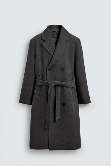 DOUBLE-BREASTED WOOL BLEND COAT WITH BELT - Grey by Zara