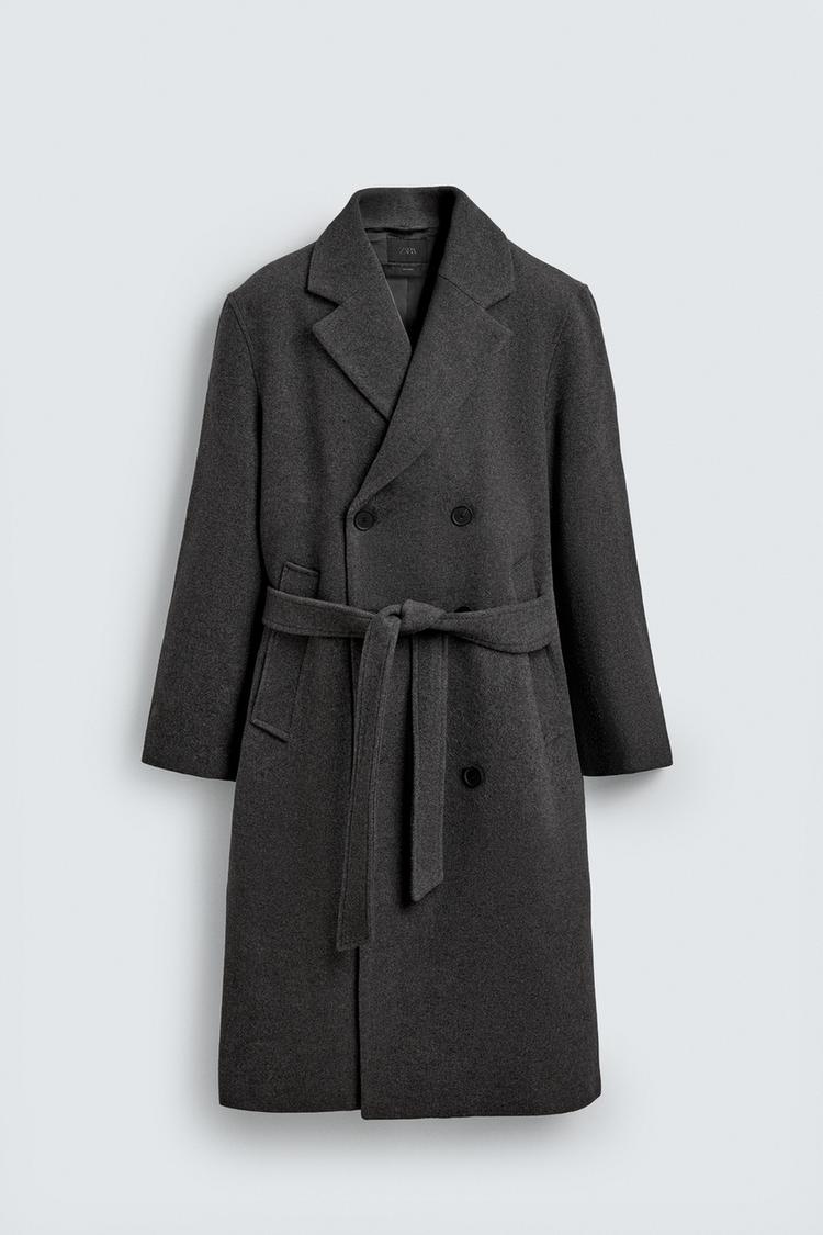 ZARA DOUBLE-BREASTED WOOL BLEND COAT WITH BELT