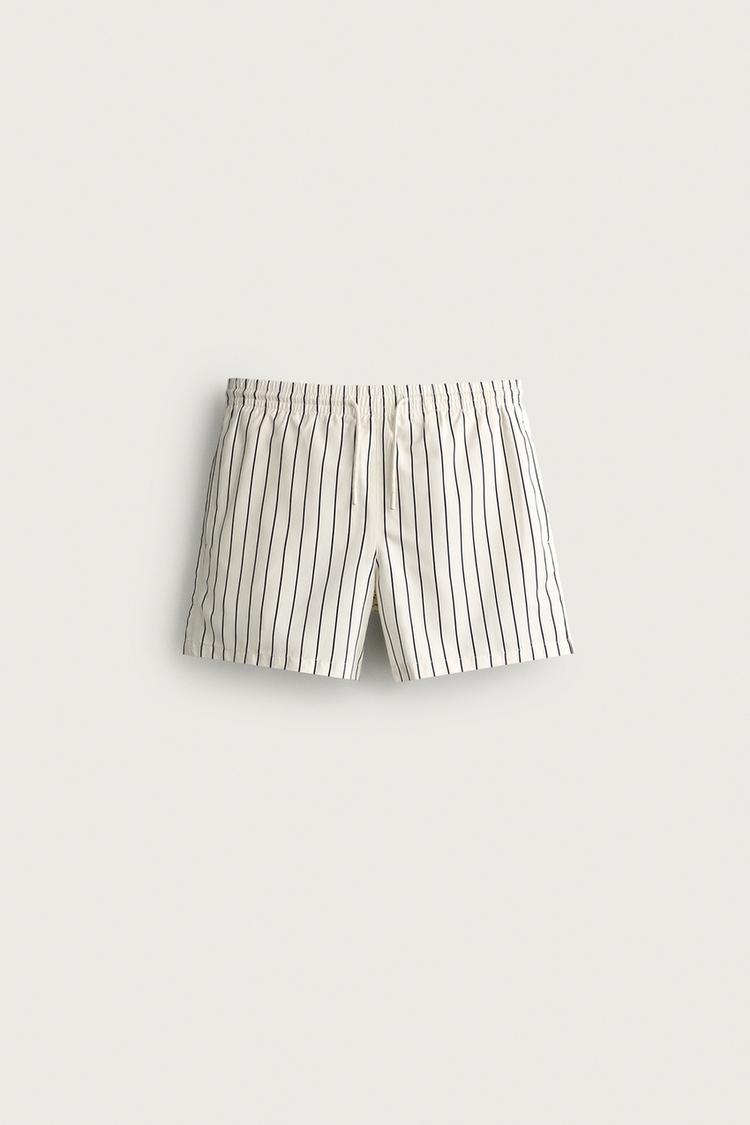 STRIPED MID-LENGTH SWIM TRUNKS — Ecru