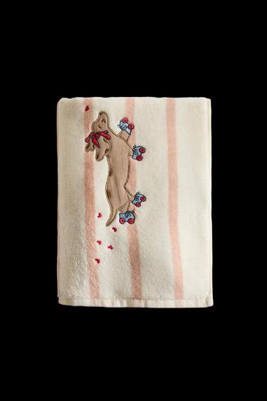 CHILDREN'S STRIPED SKATER DOG BATH TOWEL - Pink / White by Zara - Image 0