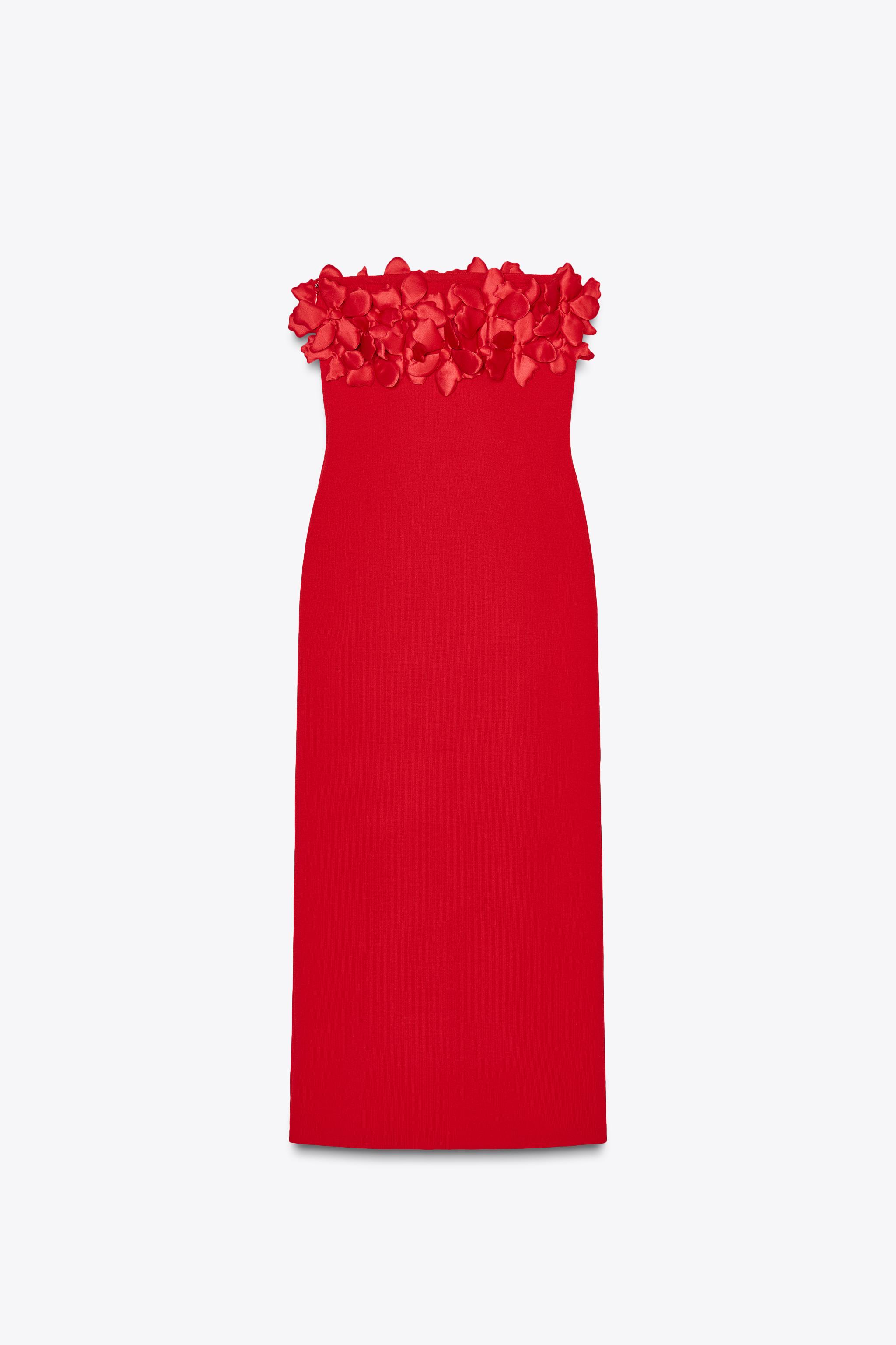 フラワー柄ニットミディワンピース - レッド | ZARA Japan / 日本