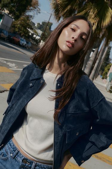 100% LEATHER BOMBER JACKET - Navy blue by Zara