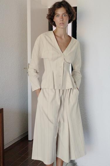 Zara STRIPED LINEN CULOTTE PANTS - striped