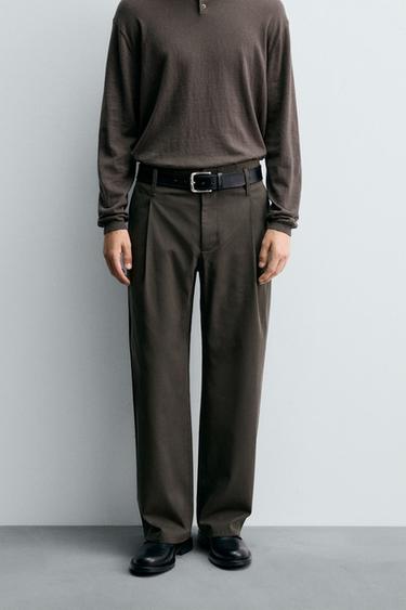 COTTON-VISCOSE PLEATED TROUSERS - Dark khaki by Zara