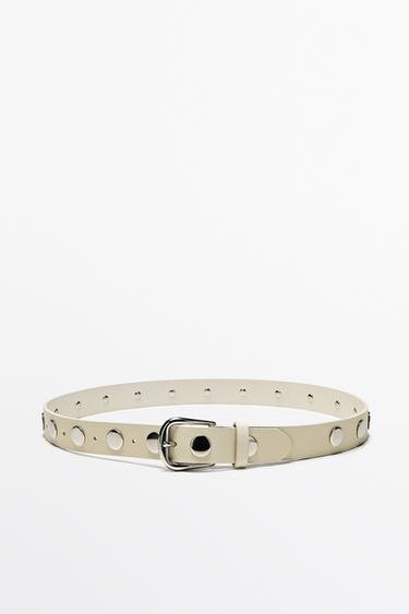 Zara Nappa leather studded belt with buckle - White