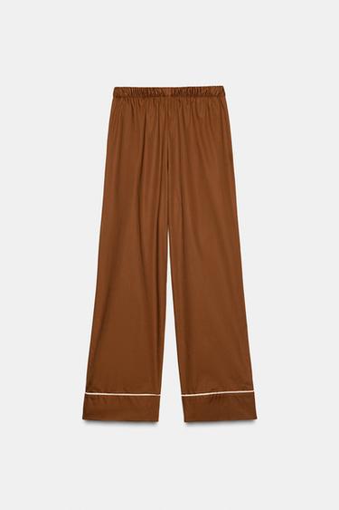 PANTALON STYLE PYJAMA EN POPELINE AVEC CONTRASTE - Marron de Zara - Image 4