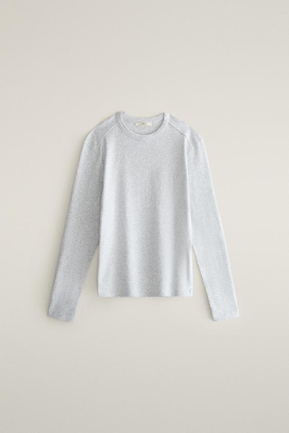Zara RIBBED COTTON LONG SLEEVE T-SHIRT - Gray - Image 0