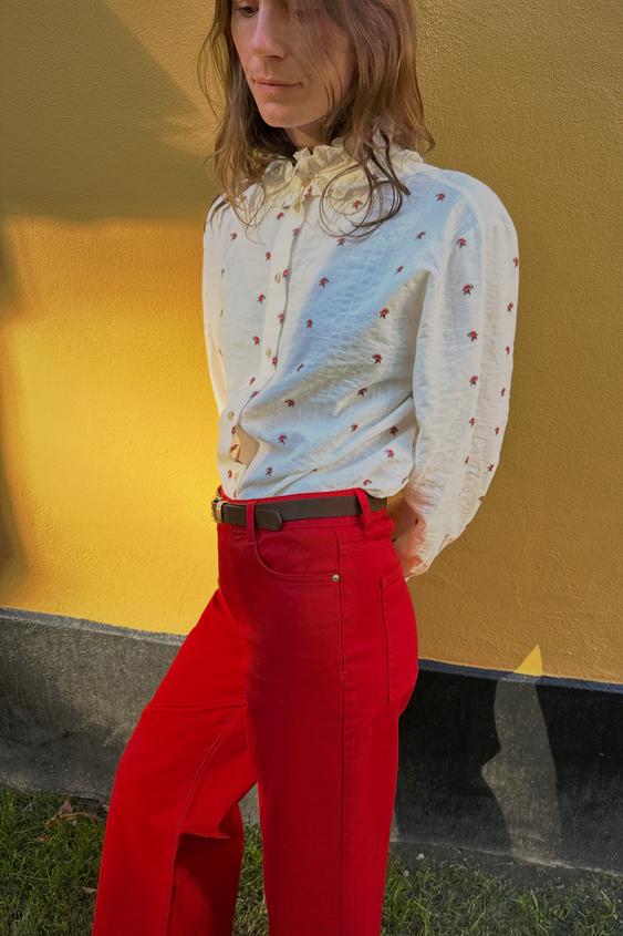 CHEMISE JACQUARD FLORALE À VOLANTS - Écru / Rouge de Zara - Image 0