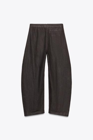 Zara 100% LINEN BALLOON PANTS ZW COLLECTION - Brown