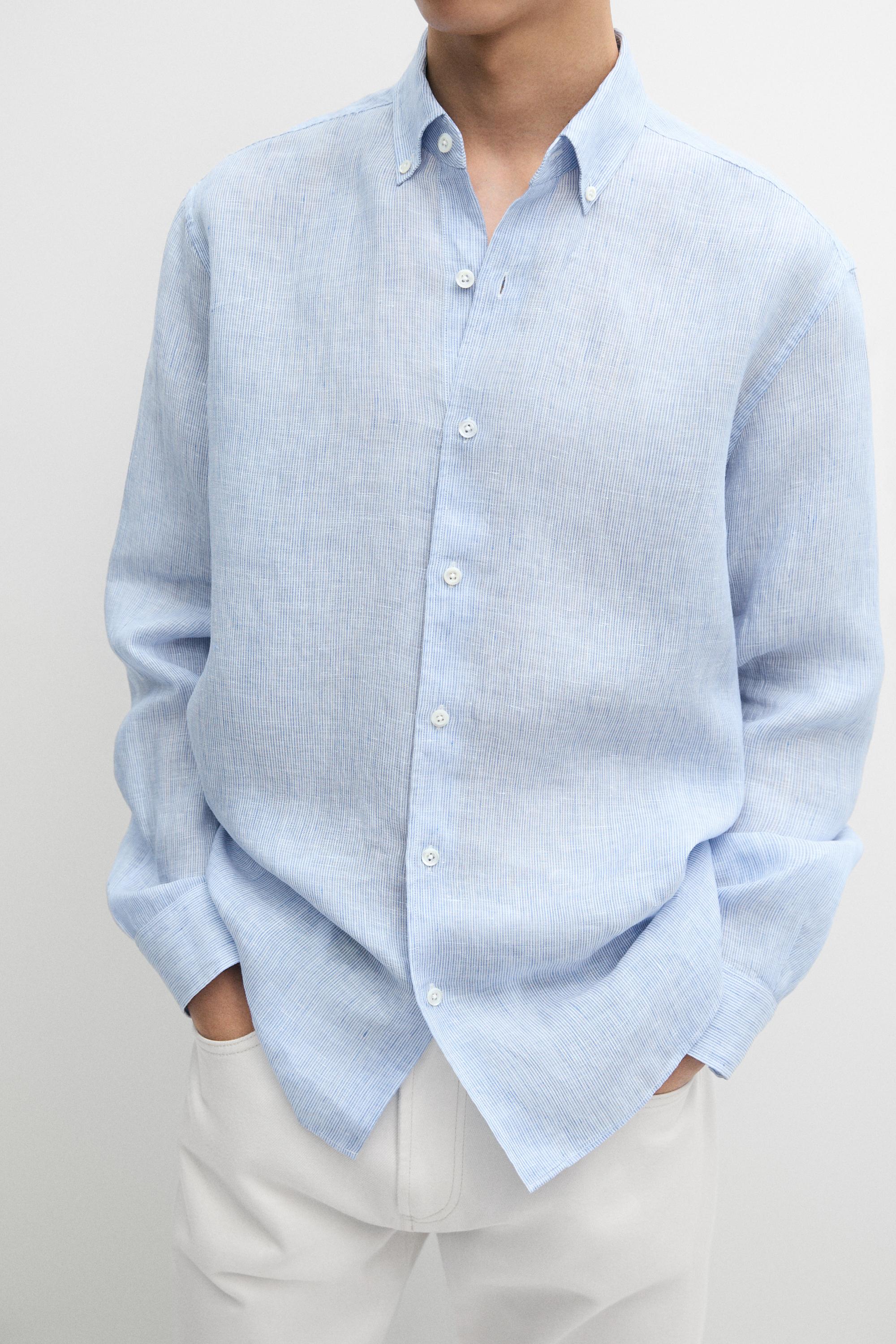 Regular fit pinstriped 100% linen shirt