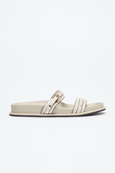 FLAT SANDALS WITH BUCKLE - Ecru White by Zara