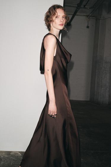Zara ZW COLLECTION SATIN LONG DRESS - Brown