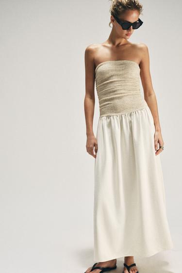 VESTIDO COMBINADO DECOTE DIREITO - Cru-médio da Zara