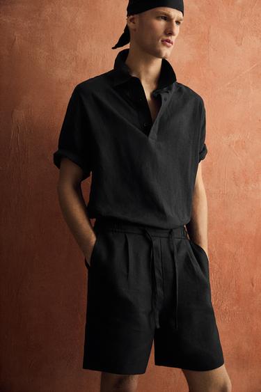 RELAXED FIT 100% LINEN BERMUDA SHORTS - Black by Zara