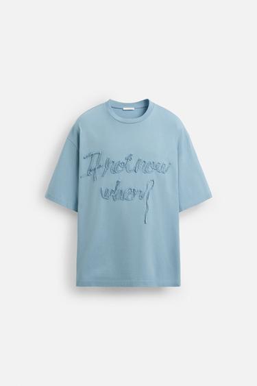 Zara RAISED TEXT T-SHIRT - Blue - Image 0
