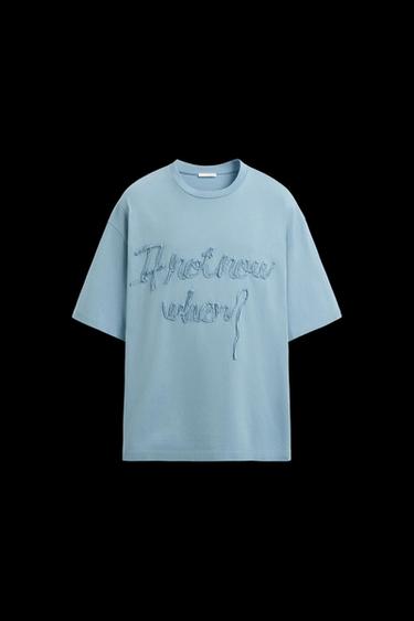 Zara RAISED TEXT T-SHIRT - Blue - Image 0
