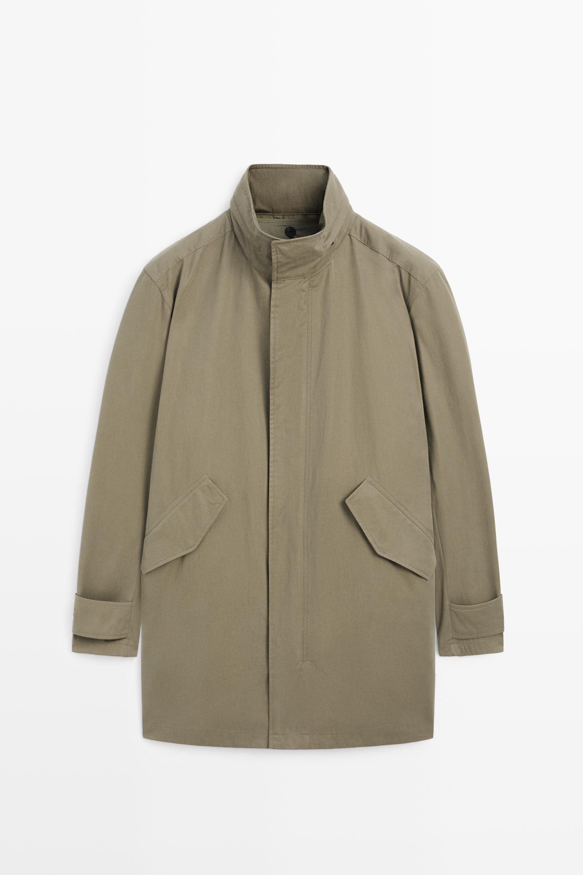 Long high neck 100% cotton parka — Light khaki