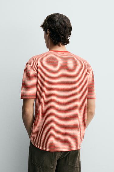 REGULAR FIT STRIPED KNIT T-SHIRT - White / Red by Zara - Image 2