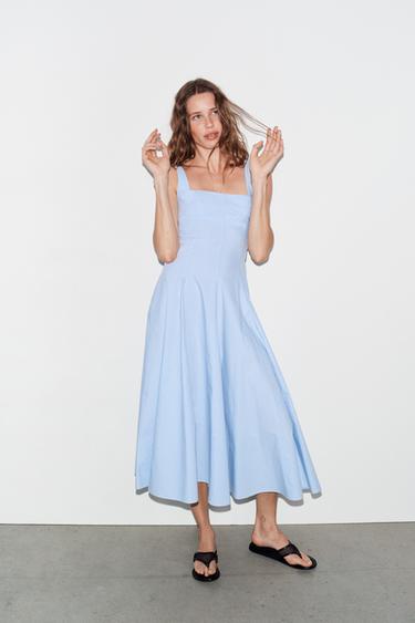 ROBE EN POPELINE À GODETS - Bleu clair de Zara