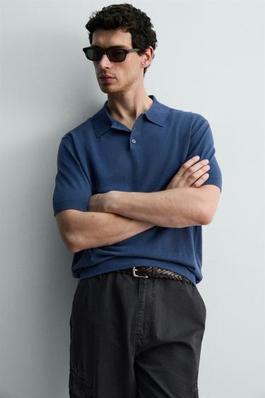 HEMP-COTTON KNIT POLO SHIRT - Navy blue by Zara - Image 4