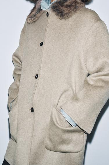 MANTEAU AVEC LAINE COL EFFET FOURRURE ZW COLLECTION - Marron clair de Zara - Image 3