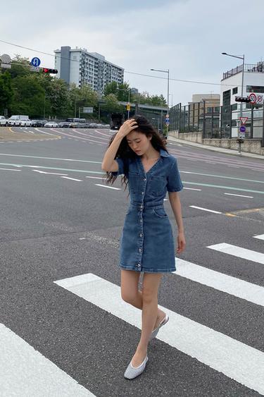 Z1975 MINI DENIM SHORT SLEEVE DRESS - Mid-blue by Zara