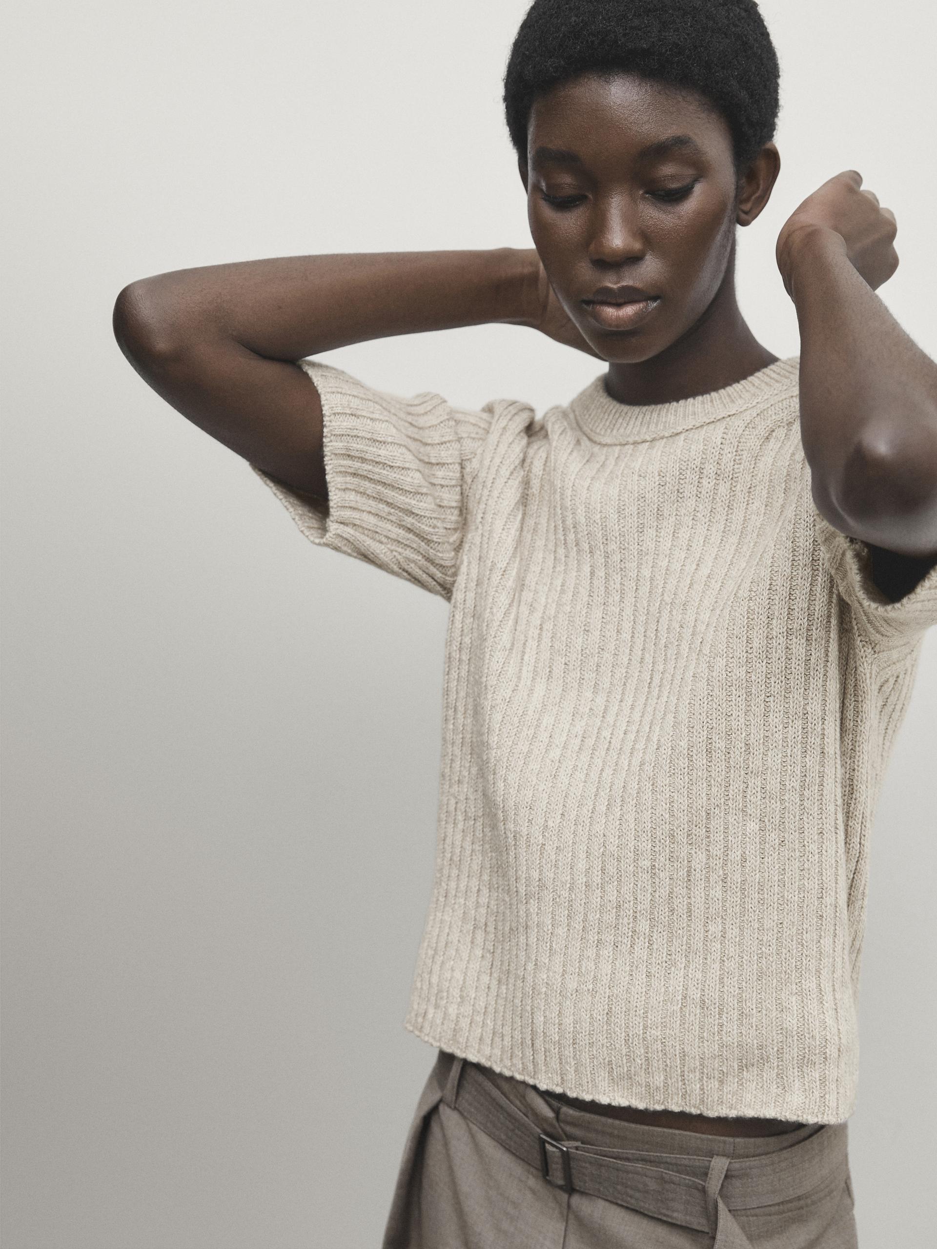 Short sleeve ribbed knit sweater - Beige marl