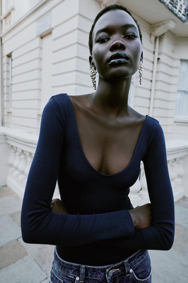 V-NECK BODYSUIT — Midnight blue 1