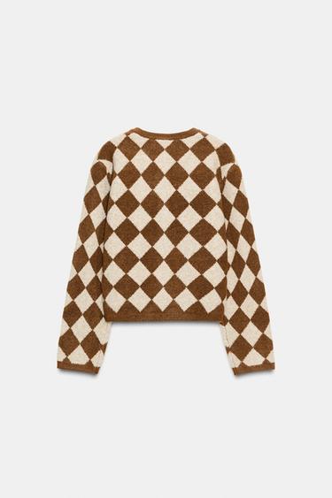 GILET EN MAILLE JACQUARD À LOSANGES - Marron / Écru de Zara - Image 3