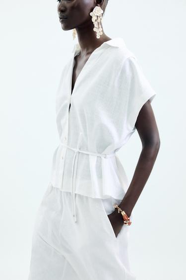 LINEN BLEND BELTED BLOUSE - White by Zara - Image 1