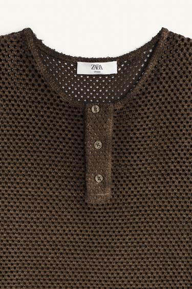 KNIT HENLEY CROCHET T-SHIRT - Brown by Zara - Image 6