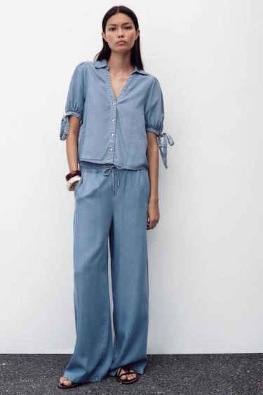 Zara ELASTIC WAIST WIDE LEG PANTS - Light blue - Image 0