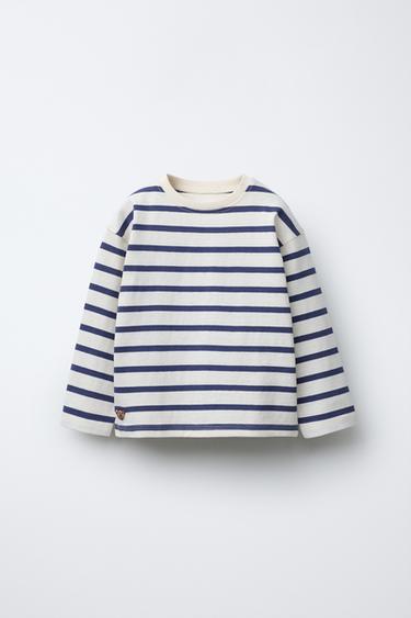 Zara HEAVYWEIGHT STRIPED EMBROIDERED T-SHIRT - Navy blue