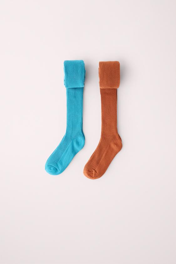 PACK OF 2 RIBBED TIGHTS CREATED BY CARAMEL LONDON X ZARA - Brown-Blue by Zara - Image 0