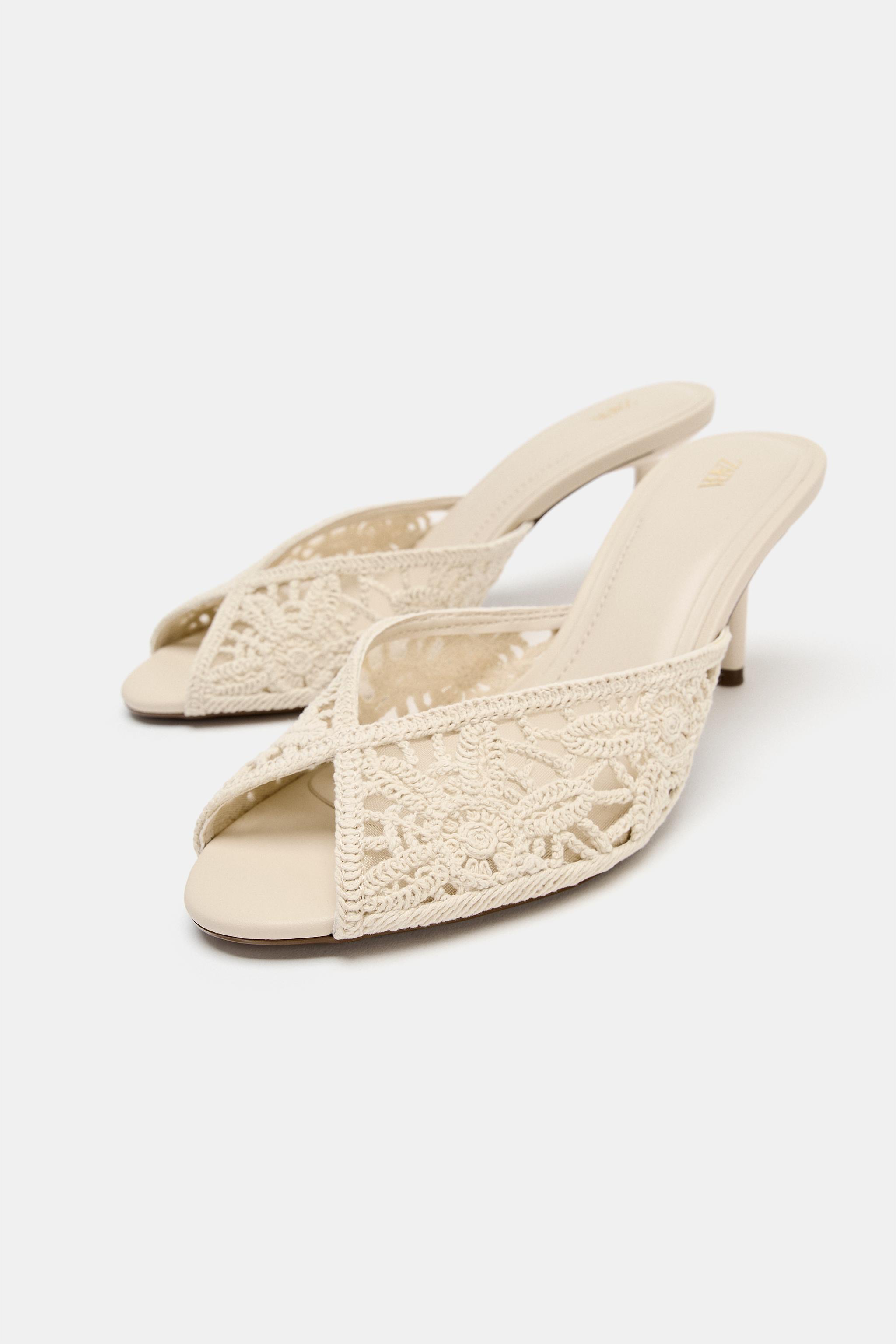 CROCHET HEELED SANDALS — Light beige