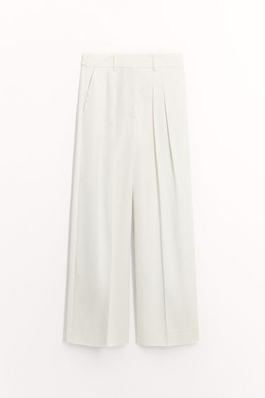 Zara ZW COLLECTION TWILL PLEATED PANTS - White