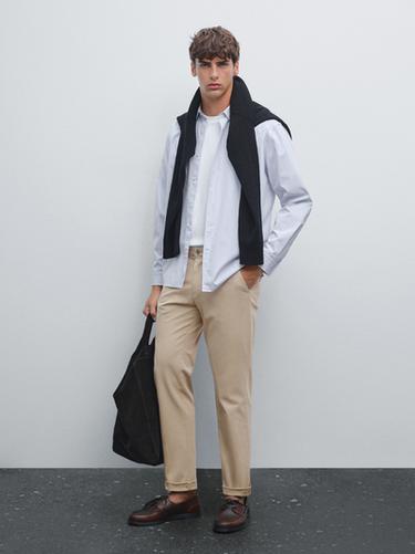 Zara Cotton blend slim fit trousers - Beige