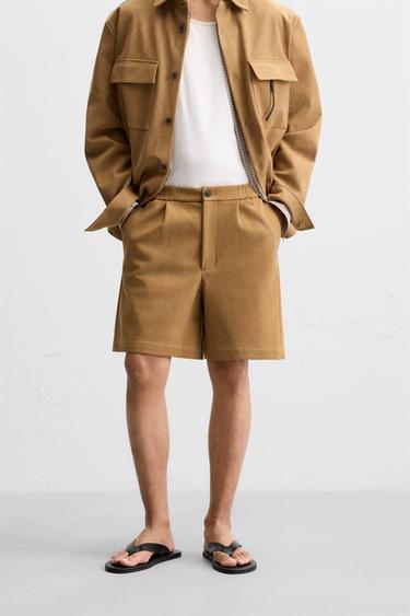 FAUX SUEDE PLEATED BERMUDA SHORTS - Brown by Zara