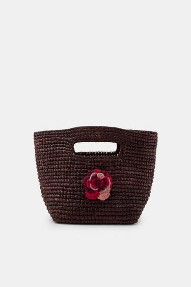 MINI BOLSO RAFIA FLOR CROCHET - Marrón de Zara