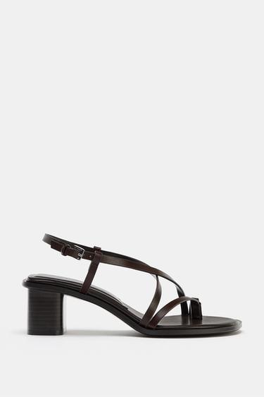 SANDALIA TACÓN ANCHO PIEL - Marrón de Zara