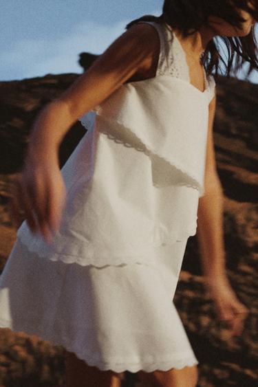 فستان طبقات رومانسي مطرز - أبيض by Zara